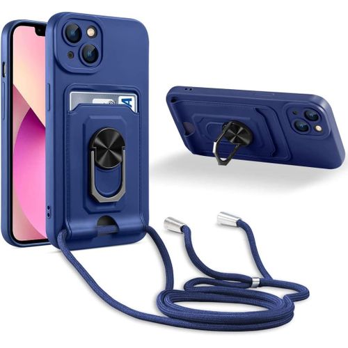 Coque Cordon De Collier Iphone 13 Mini, 360¡Ãanneau Support Fente Carte De La Case-Bleu