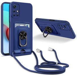 Coque Cordon De Collier Xiaomi Redmi 10/Redmi 10 Prime, 360¡Ãanneau Support Fente Carte De La Case-Bleu
