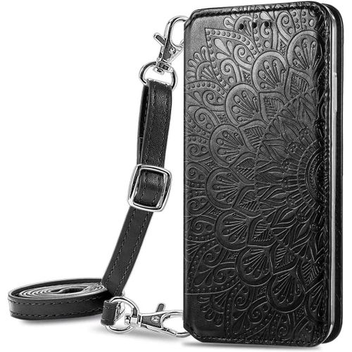 Pour Coque Huawei Nova Y90, Premium Pu + Tpu Motif En Relief, [Detachable Lanyard], Noir