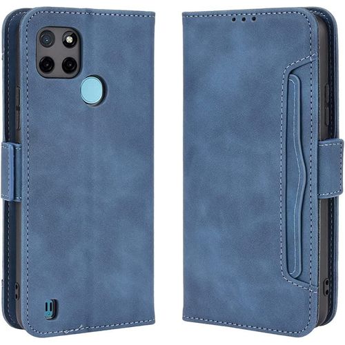 Coque Pour Oppo Realme C21y, Pu Premium Housse, Flip Rabat Cover, Bleu