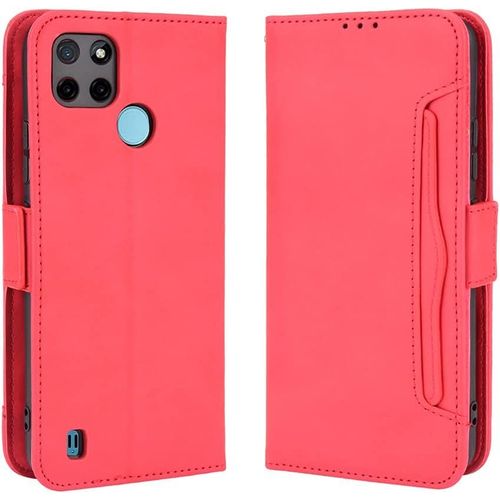 Coque Pour Oppo Realme C21y, Pu Premium Housse, Flip Rabat Cover, Rouge