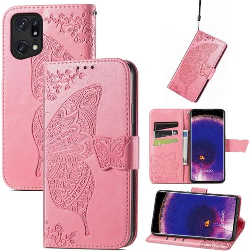 Pour Coque Oppo Find X5, Premium Pu Motif En Relief, Rose