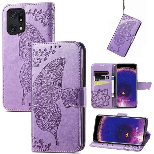 Pour Coque Oppo Find X5, Premium Pu Motif En Relief, Violet Clair