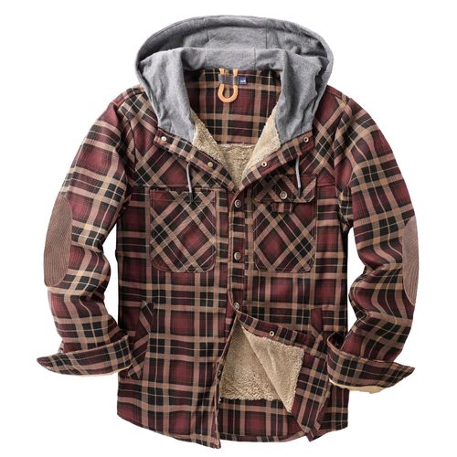 Hommes Manteau À Carreaux Chemise Plus Duvet Grande Taille Hiver Coupe - Vent Chaud Capuche Pur Coton Veste Café L