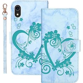 Coque Pour Iphone Xr Flip Wallet Cover,Motif Floral En Forme De Coeur Pu Antichoc,Fonction Stand,Fentes Cartes,Verte