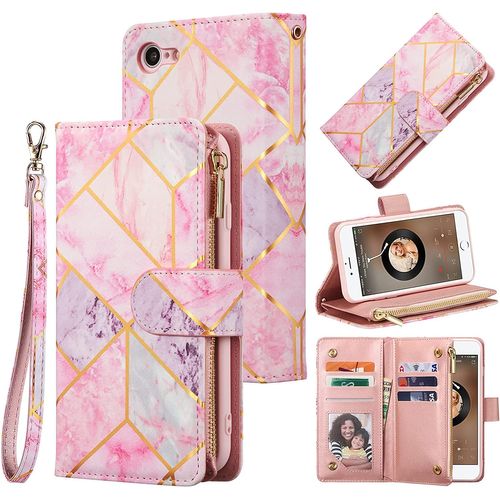 Coque Pour Iphone 7/Iphone 8/Iphone Se 2020, Pu Flip Case Fentes De Cartes Fonction Support, Fermeture - Rose Et Violet