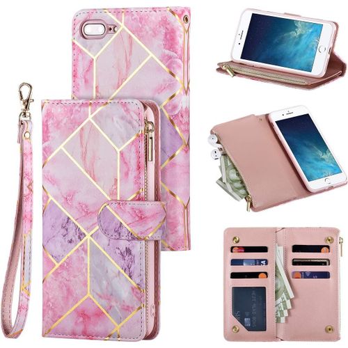 Coque Pour Iphone 7 Plus/Iphone 8 Plus, Pu Flip Case Fentes De Cartes Fonction Support, Fermeture - Rose Et Violet