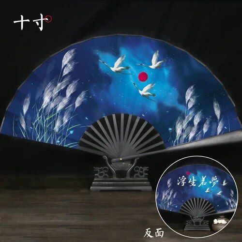 Ventilateur Pliant Grue de Style Prairie pour Homme et Femme,Accessoire de brevavec Pompon,Style Chinois,10 Pouces