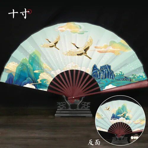 Ventilateur Pliant Grue de Style Prairie pour Homme et Femme,Accessoire de brevavec Pompon,Style Chinois,10 Pouces