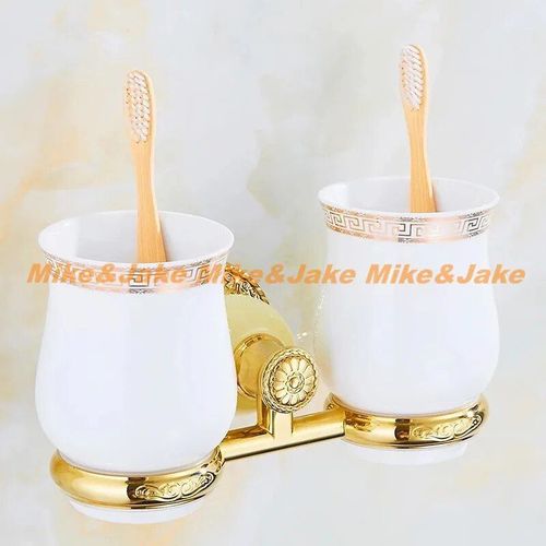 Étagère Murale De Salle De Bain En Jade Doré,Accessoire,Porte-Papier De Salle De Bain,Anneau De Serviette,Double Porte-Gobelet,Porte-Savon - Type Green Double Cup