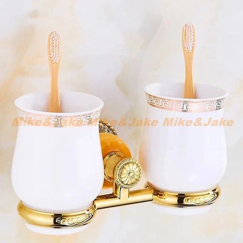 Étagère Murale De Salle De Bain En Jade Doré,Accessoire,Porte-Papier De Salle De Bain,Anneau De Serviette,Double Porte-Gobelet,Porte-Savon - Type Yellow Double Cup