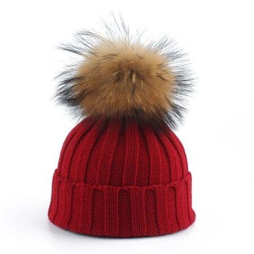 Grand Bonnet À Pompon En Fourrure De Raton Laveur Pour Parent Et Enfant,Chapeau Chaud D'hiver Pour Bébé Fille Et Garçon