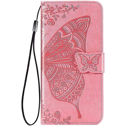 Coque Pour Xiaomi Redmi 10c Etui, Cuir Pu/Tpu Flip Cover Case, Papillon Carte Fentes/Stand Fonction. Rose