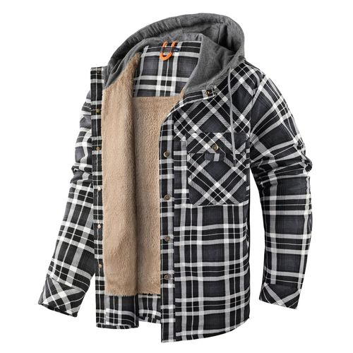 Hommes Manches Longues En Duvet Épaissi À Capuche À Carreaux Chemise Automne Hiver Top Taille Coton Manteau Gris Taille S