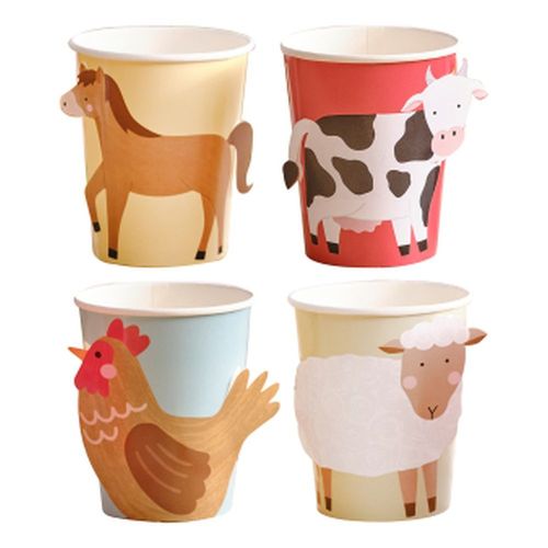 LOT 8 Gobelets en papier Animaux de la ferme (cheval, poule, vache, mouton) - Scène de ferme - Ginger Ray