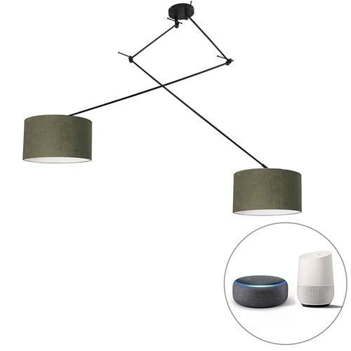 Qazqa Moderne Smart Hanglamp Zwart Met Kap 35 Cm Groen Incl. 2 Wifi A60- Blitz Acier /Tissu Vert,Noir Rond / Luminaire / Lumiere / Éclairage / Intérieur / Salon / Cuisine E27 Max. 2 X 7 Watt