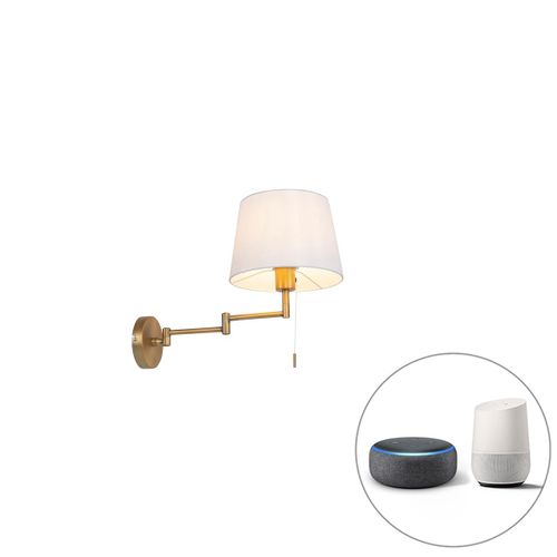 Qazqa Moderne Smart Wandlamp Brons Met Witte Kap Incl. Wifi A60 - Ladas Deluxe Acier /Tissu Bronze,Blanc Rond / Luminaire / Lumiere / Éclairage / Intérieur / Salon / Cuisine E27 Max. 1 X 7...