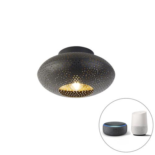 Qazqa Oriental Smart Plafondlamp Zwart Met Goud 25 Cm Incl. Wifi A60 - Radiance Acier Noir Rond / Luminaire / Lumiere / Éclairage / Intérieur / Salon / Cuisine E27 Max. 1 X 7 Watt