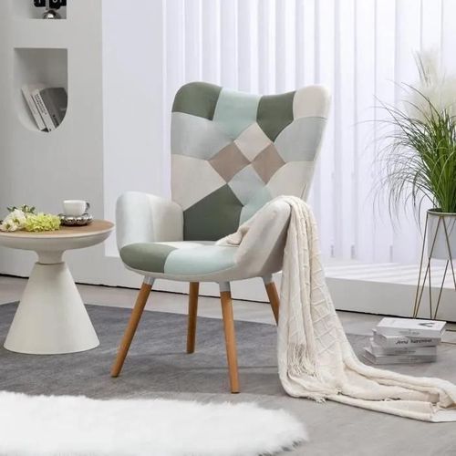 Meubles Cosy Fauteuil Scandinave Chaise De Loisirs En Tissu Patchwork Aqua, Pieds En Bois De Hêtre,Pour Salon,Chambre,Balcon