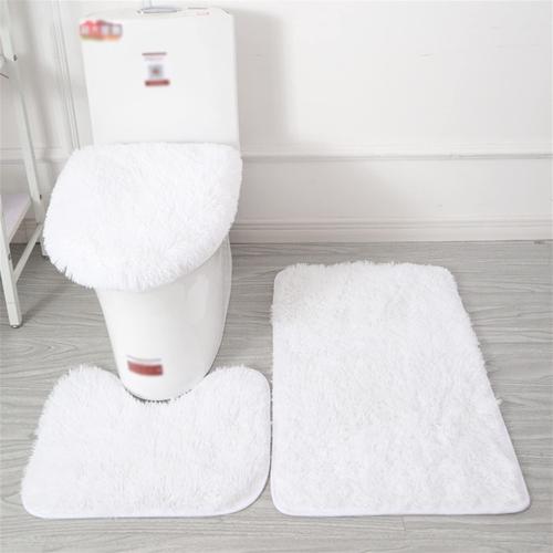 Lot De Tapis De Bain Antidérapant, 3 Pièces, Tapis Contour Toilette À Poils Longs, Shaggy Couvercle Pour Abattant Wc Blanc