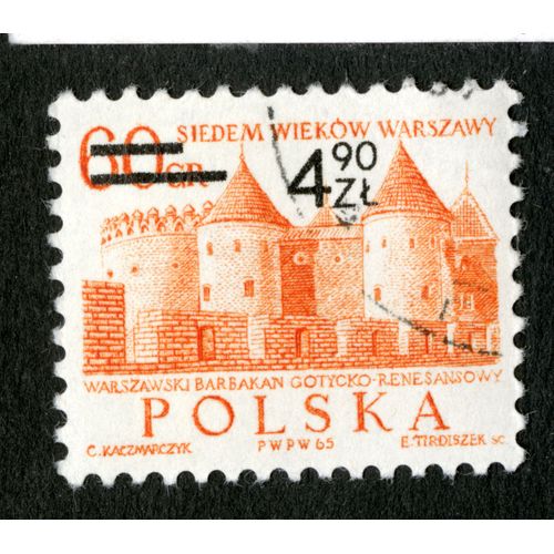 Timbre Oblitéré Polska, Siedem Wiekow Warszawy, Warszawski Barbakan Gotycko-Renesansowy, 1965, 60 Gr, 4.90 Zl, Kaczmarczyk, Tirdiszek