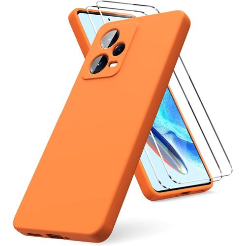 Coque Pour Xiaomi Redmi Note 12 Pro 5g, 2 Film De Protection En Verre Trempé, Housse Souple En Tpu En Silicone Liquide, Housse En Caoutchouc Antichoc - Orange