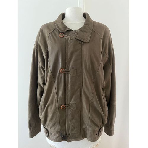 Veste À Col Kaki Cuir Et Daim À Fermetures Et Poche Vintage Style Chasseur Casual / Jacket With Khaki Leather Collar With Zippers And Pocket Hunter