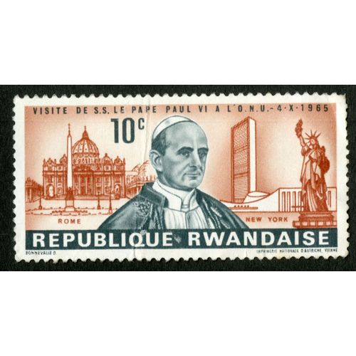 Timbre Non Oblitéré République Rwandaise, Visite De S.S. Le Pape Paul Vi À L'o.N.U., 4 X 1965, 10 C