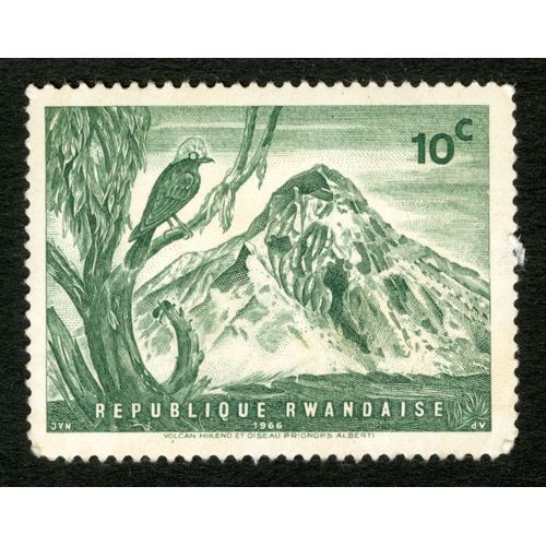 Timbre Non Oblitéré République Rwandaise, 1966, 10 C, Volcan Mikeno Et Oiseau Prionops Alberti,