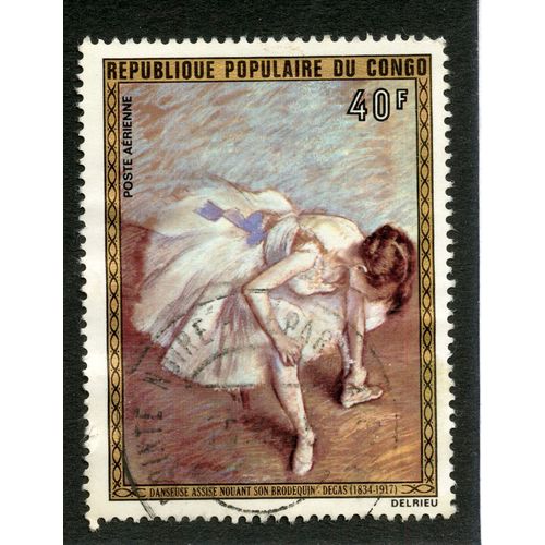 Timbre Oblitéré République Populaire Du Congo, Danseuse Assise Nouant Son Brodequin, Degas 1834-1917, Poste Aérienne, 40 F,Delrieu