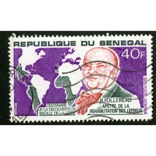 Timbre Oblitéré République Du Sénégal, R. Follereau, Apôtre De La Réhabilitation Des Lépreux, Centenaire De La Découverte Du Bacille De La Lèpre, 40 F, 1973 Poste Aérienne, Combet