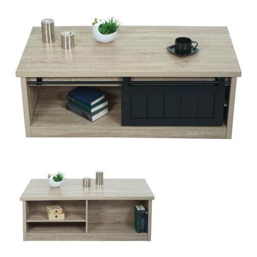 Table Basse Hwc-K75, Table D'appoint Table De Salon, Porte Coulissante 6 Compartiments De Rangement, Aspect Bois Métal 44x120x60cm   Naturel