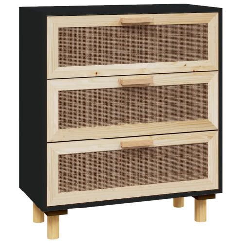 Vidaxl Buffet Noir 60x30x70 Cm Bois De Pin Massif Et Rotin Naturel