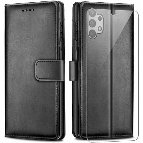 Coque Pour Samsung Galaxy A32 5g Avec Un Verre Trempé Film Protection Écran, Noir Pu Cuir À Rabat Flip Fermeture Magnétique Protection Housse Pour Samsung Galaxy A32 5g 6,5 Pouces