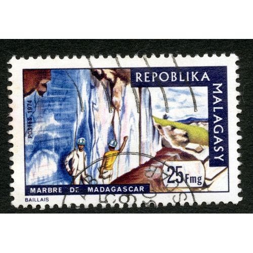 Timbre Oblitéré Repoblika Malagasy, Marbre De Madagascar, Postes 1974, 25 Fmg, Baillais