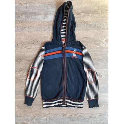 Gilet Zippé Orchestra Original, Marin, Manches À Rayures, Marine Et Coutures Orange, 10 Ans.