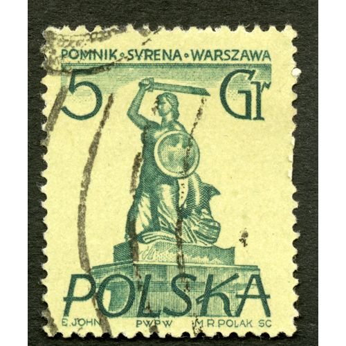 Timbre Oblitéré Polska, Pomnik Syrena, Warszawa, 5 Gr, John, Polak