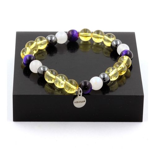 Bracelet Perles Oeil De Tigre Violet + Citrine + Pierre De Lune + Fabriqué En France.