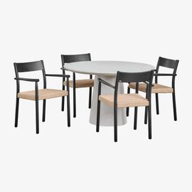 Ensemble Table Ronde En Ciment (Ø120 Cm) Noemi Et 4 Chaises De Salle À Manger En Bois De Chêne Et Corde Tressée Mara Gris Sable