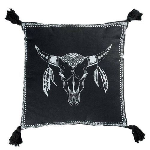 Coussin Déco À Pompons "Mohicana" 40x40cm Noir
