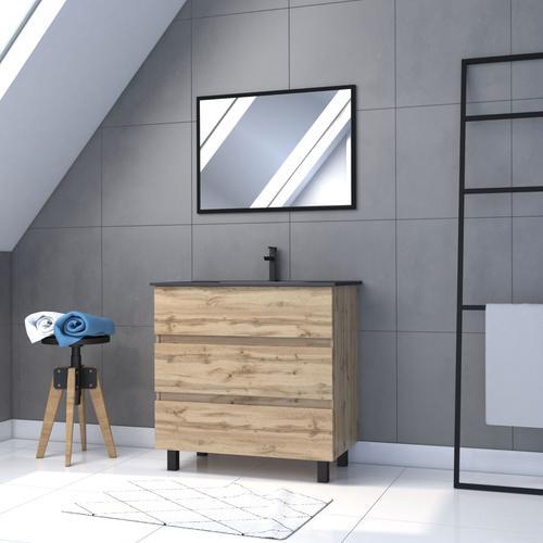 Meuble Salle De Bain 80x80 Cm - Finition Chene Naturel + Vasque Noire + Miroir - Timber 80 - Pack17