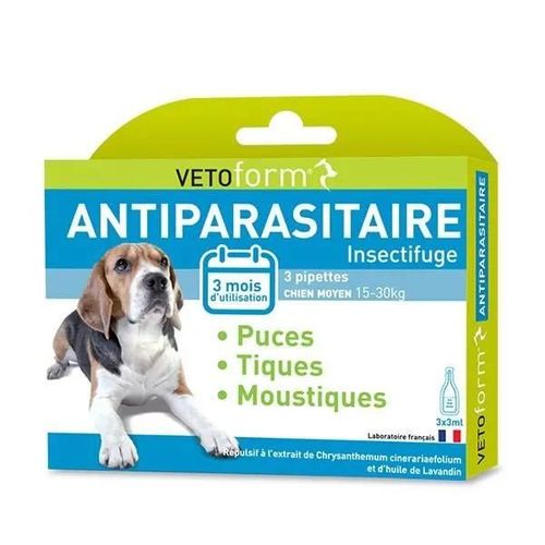 Vetoform Antiparasitaire Chien Moyen 15-30 Kg (3 Pipettes De 3 Ml)