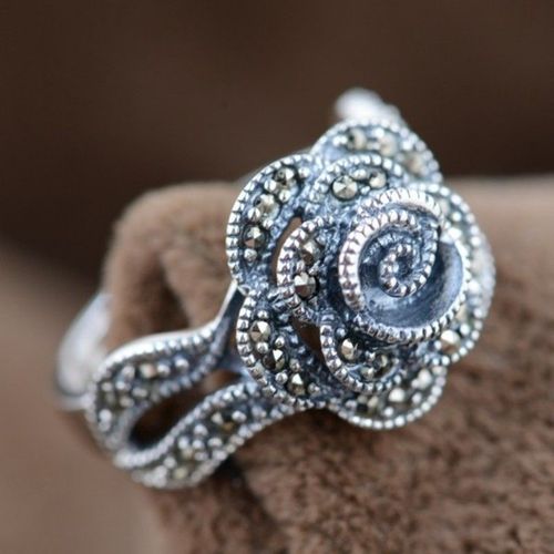Bagues En Argent Sterling 100% S925, Bague En Marcasite Rose, Style Antique Thaïlandais, Bijoux En Argent Pur Pour Femmes