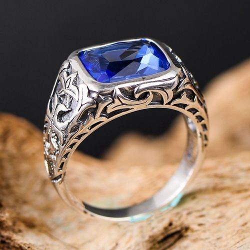 Petite Bague En Argent Noir 925 Pur Pour Hommes, Bijoux Thaïlandais En Argent, Cristal Bleu Artificiel, Motif À La Mode, Vente En Gros, Xh029