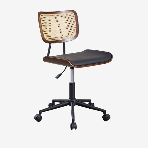 Chaise De Bureau Raysa À Roulettes En Bois, Rotin Et Similicuir Bois Foncé