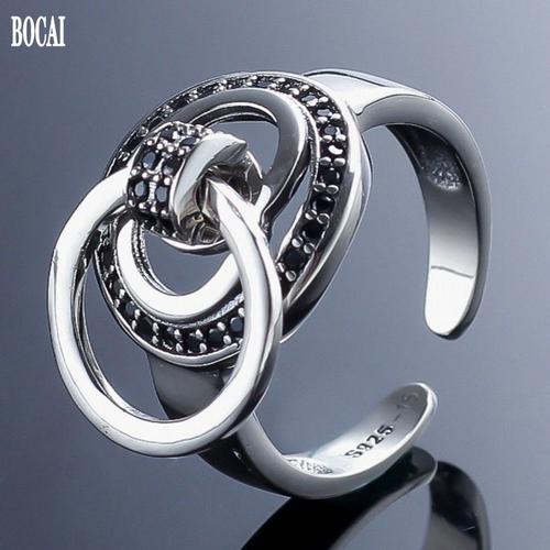 Bague En Argent Véritable S925 Pour Femme, Anneau Rond En Diamant À La Mode, Avec Gravure De Tempérament, Ajustable, Nouvelle Collection 2020