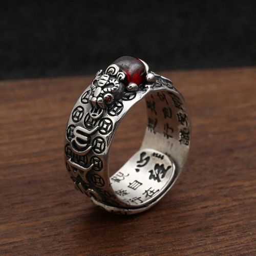Bague Sutra Tibétaine En Argent Pur S925, Mantra C¿Ur, Pour Hommes Et Femmes, Paix, Richesse, Chance, Grenat Lisse, Troupes Courageuses, Crapaud