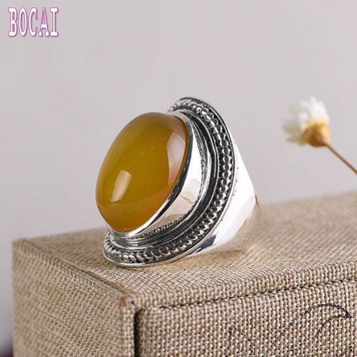 Bague En Argent Vintage Thaïlandais Pour Femmes, S925, Pierre Jaune Naturelle Ovale Incrustée