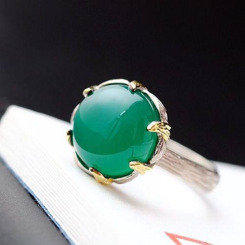 Bague En Argent Sterling 925, Ensemble De Bijoux En Calcédoine Verte Naturelle, Bague Vintage En Argent Avec Ouverture