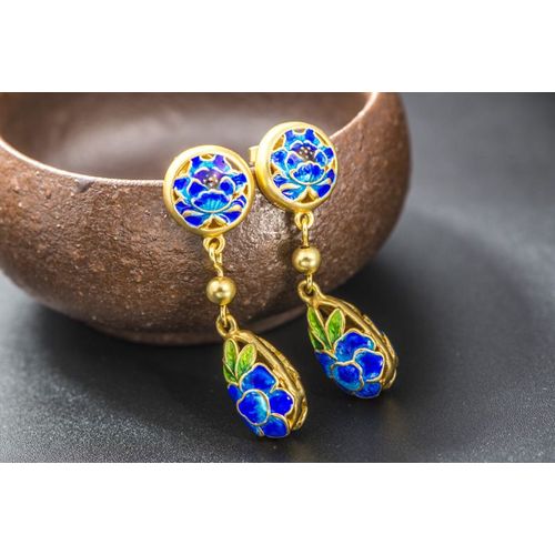 Boucles D'oreilles En Argent Pur S925, Plaqué Or, Lotus Émail, Bleu Rôti, Pour Femmes, Nouvelle Collection